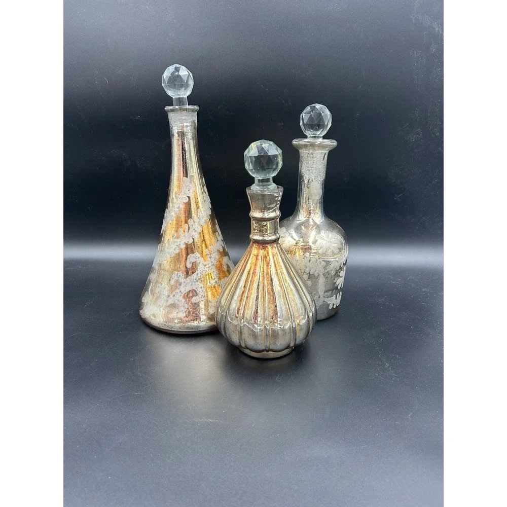 Gold Mercury Glass Decanters w/ Crystal Stoppers Vintage Style Set Of 3
